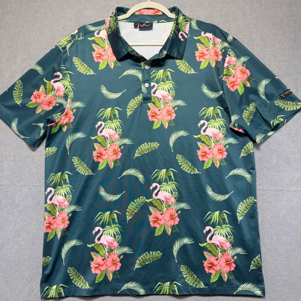 Yatta Golf Mens Flamingo‎ Hibiscus Tropical Performance Polo Shirt Teal Large